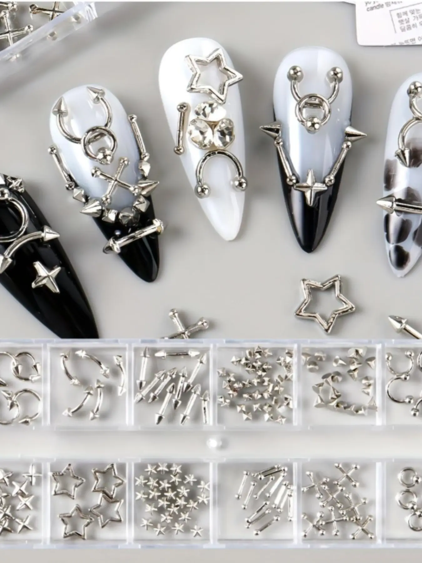 12 Gothic Nail Charms - 3D Punk Y2K Silver and Black Metal Studs, Alloy Piercing Gaga DIY Nail Art Decorations, Suitable for Home and Salon Nail Accessories, Durable PVC Material, Easy to Apply, Nail Art Supplies, Salon Nail Decorations, Edge Nail Designs