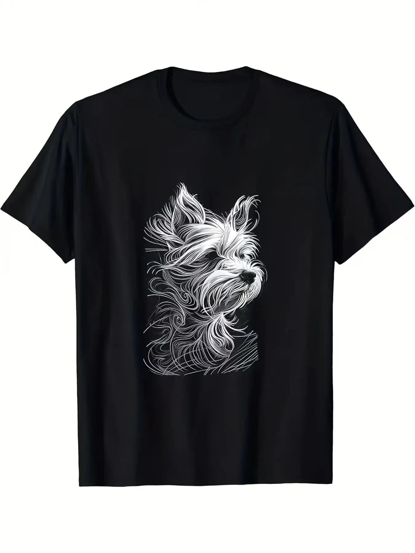 Yorkshire Dog Lover Unisex T-Shirt, Cute Yorkie Sketch Design, Casual Round Neck Short Sleeve, Non-Elastic Fabric, Spring Summer Outdoor Wear