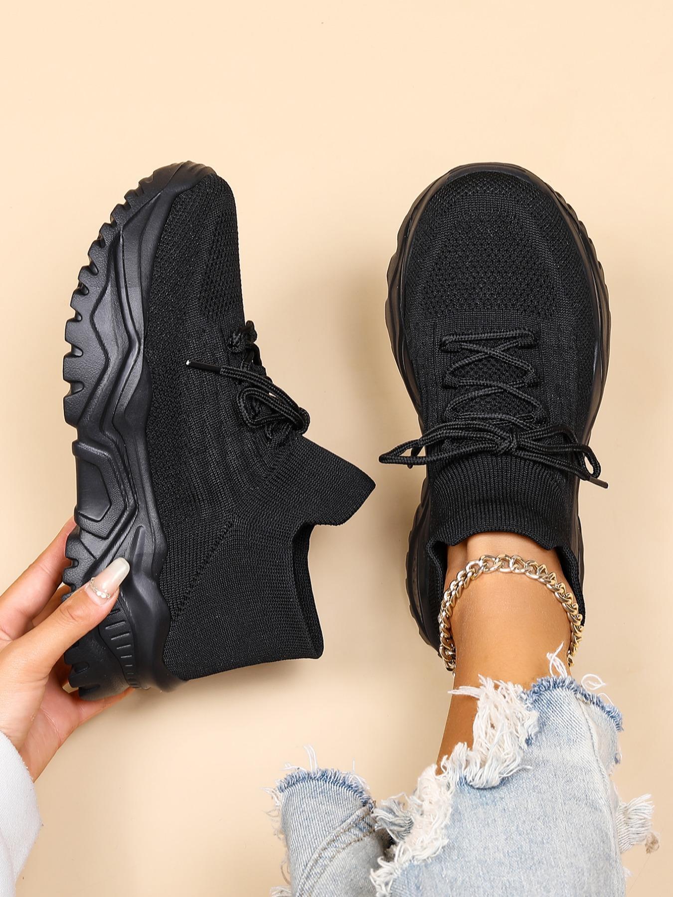 Women's Low Top Sports Running Shoes, Casual Outdoor Sports Walking Shoes, Knit Breathable Chunky Sneakers, Lace up Front Sneakers, Sporty Running Shoes