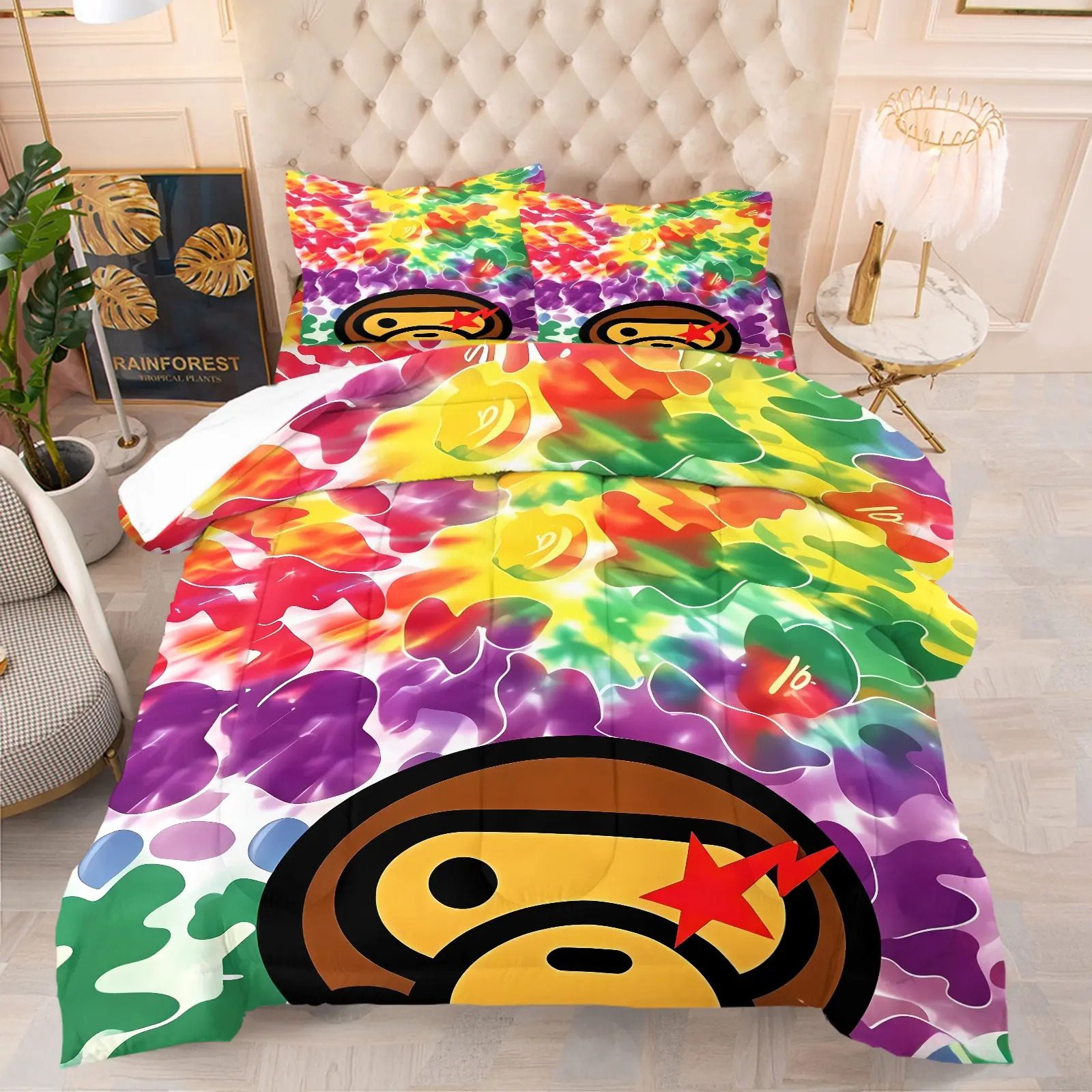 Colorful Rainbow Camo Cartoon Monkey Quilted Comforter Set, Include 1 Quilt Core and 1/2 Pillowcases, Trendy Multicolor Animal Print Fashion Warm Bedding, Medium Thickness, All Seasons Use