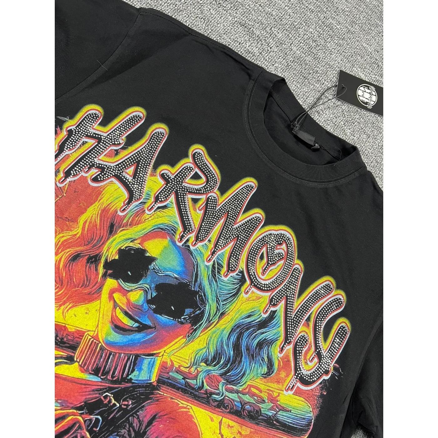 Y2K Vintage Washed Streetwear T-Shirt, Shiny Rhinestone Diamond Graphic, Crew Neck Cotton Oversized Short Sleeve Hip Hop Tee For Men