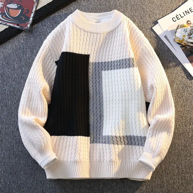 American High Street Geometric Block Color-Block Sweater, Three-Dimensional Wavy Cable Texture Spliced Round-Neck Drop-Shoulder Men'S Knitwear, Minimalist Artistic Style Color-Block Men'S Round-Neck Sweater