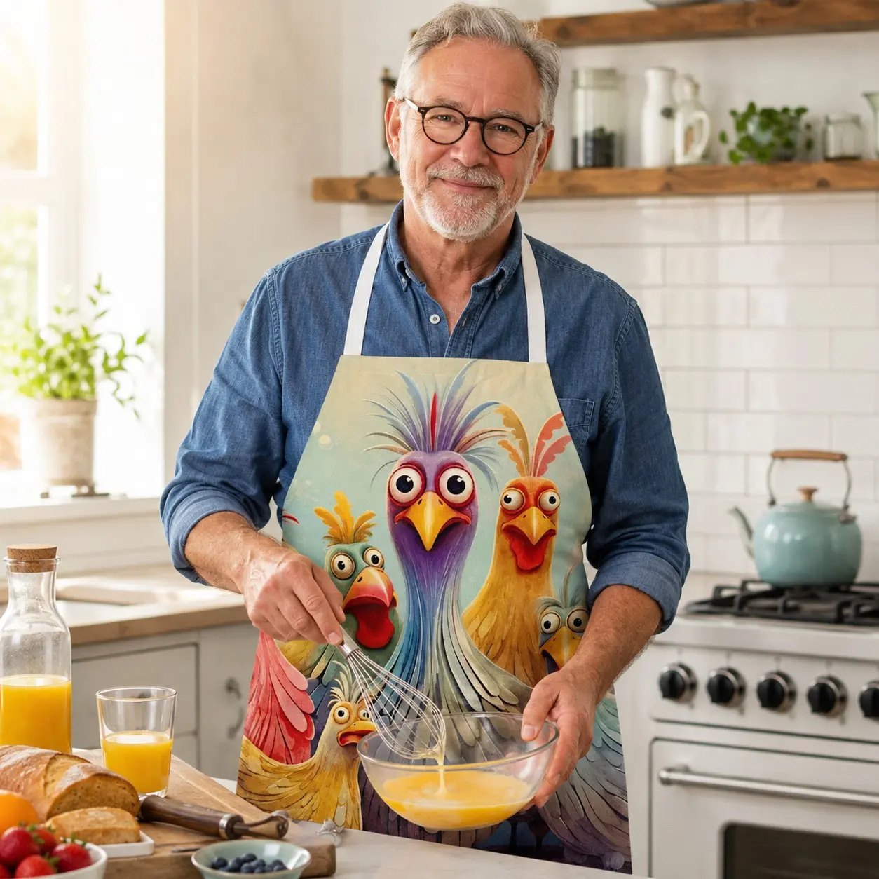 Cartoon Chicken Print Kitchen Apron for Women and Men, Colorful Cooking Bib with Neck Loop and Waist Ties, 1 Piece,