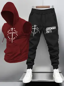 Men's Fashion Hooded Vest Long Pants Set, Cross Pattern & Jeremiah 29:11 Bible Print, Faith Theme Design, Casual Sportswear