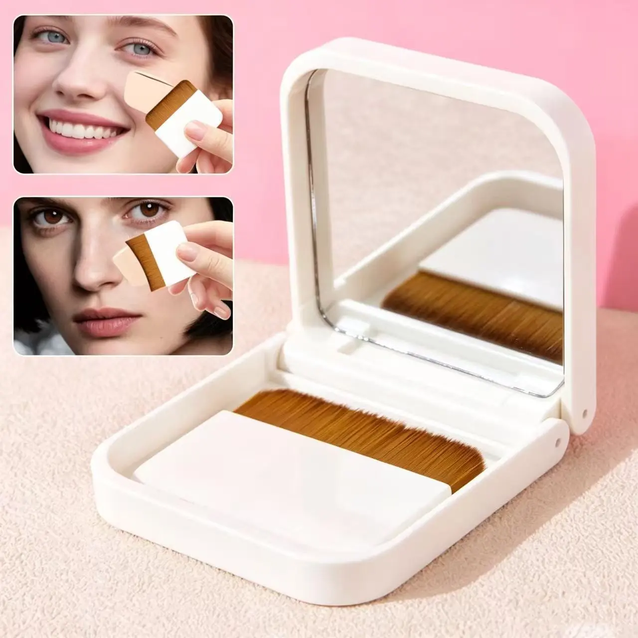 Portable Small Square Foundation Brush Set, Ultra-Thin Card Style, Includes Mirror Storage Box, Travel-Friendly, Smudge-Free