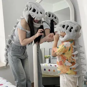 Dinosaur Skeleton Costume Set for Kids & Adults, Plush Halloween Cosplay Outfit with Headpiece
