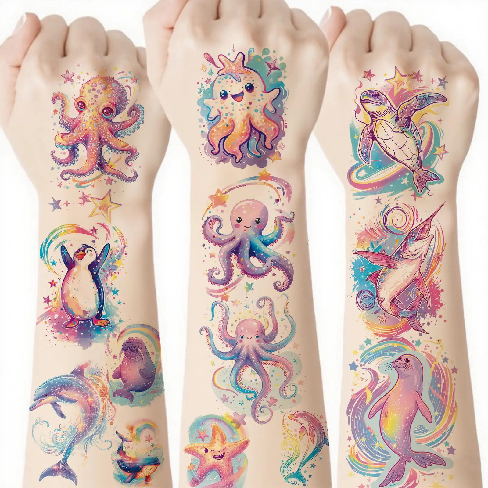 12pcs Sparkling Marine Creatures Shark Penguin Seahorse Whale Temporary Tattoo Stickers, Cute Design Waterproof Fake Tattoo Stickers