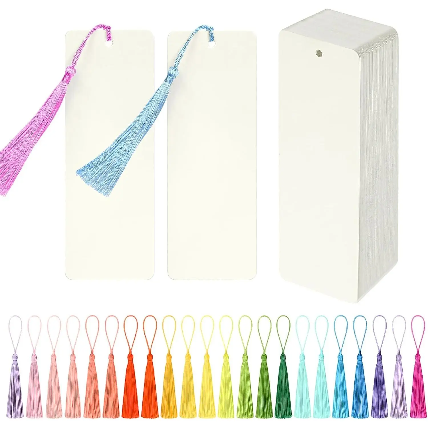 102 Pcs Blank Bookmarks with Colorful Tassels – 350gsm Cardstock Bookmark Blanks for DIY Crafts, Holiday Gift Tags, Classroom Projects & Reading Rewards – 5.5 x 2 inch Bookmark Kit (Ivory White)