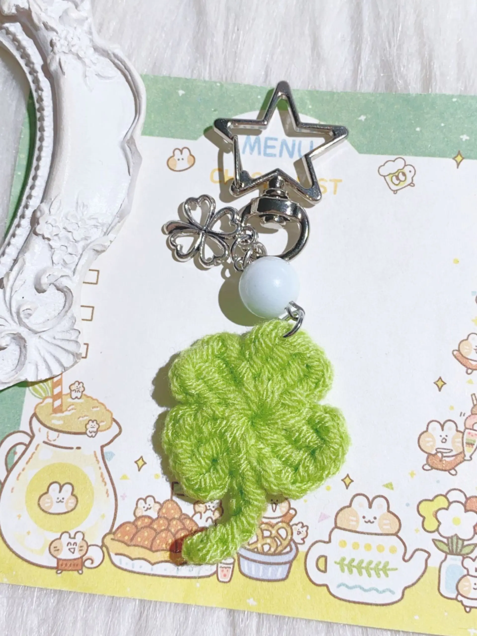 Handmade Crochet Four Leaf Clover Keychain, Lucky Yarn Bag Charm, Key Charms, Star Spring Clasp, Aesthetic Girly Pendant Gift