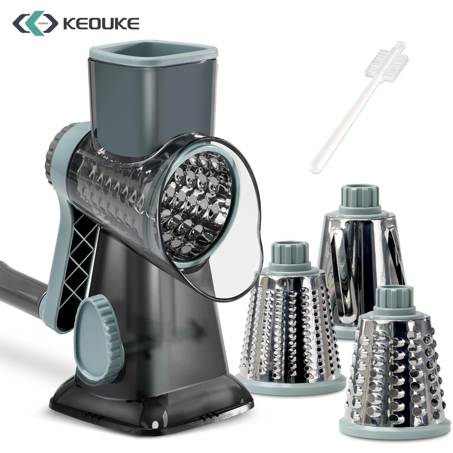 Keouke Rotary Cheese Grater, 1-Count Manual Vegetable Chopper with 3 Replaceable Stainless Steel Cutting Blades, Vegetable Shredder and Slicer, Multifunctional Kitchen Utensil, Vegetable Slicer Dicer, Summer Gift #GLOBAL PICKS