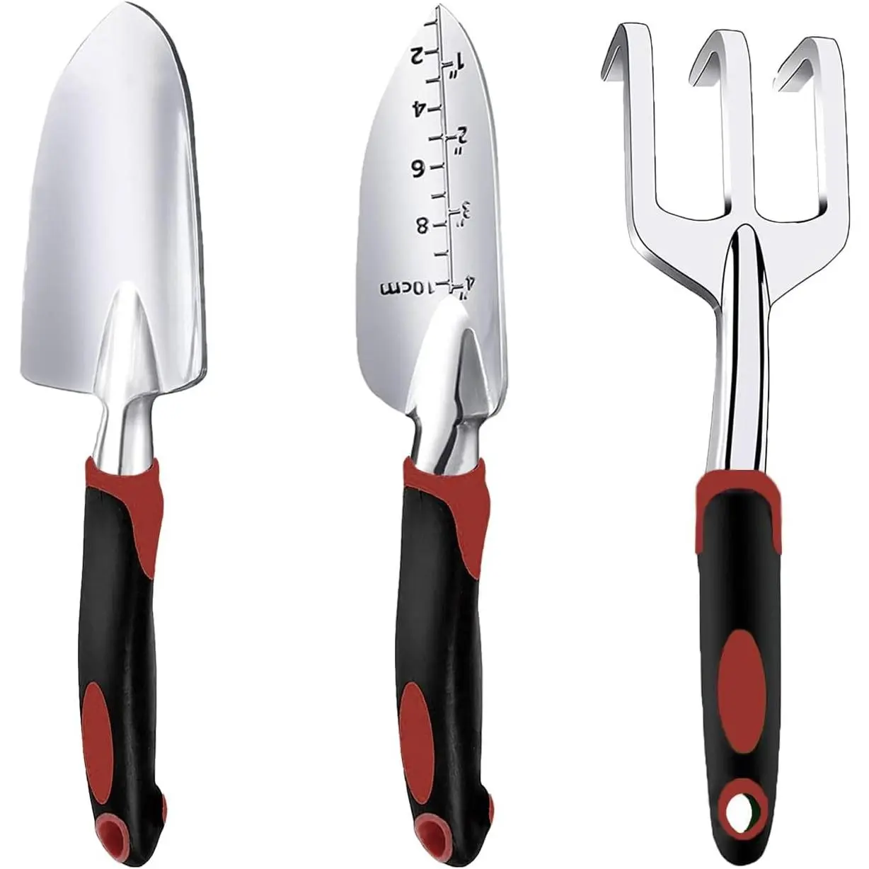 Garden Tool Set, 3 count Gardening Tools Includes Garden Trowel, Transplant Trowel and Hand Rake with Non-Slip  Handle, Heavy Duty Garden Kit for Planting, Garden Gifts Red