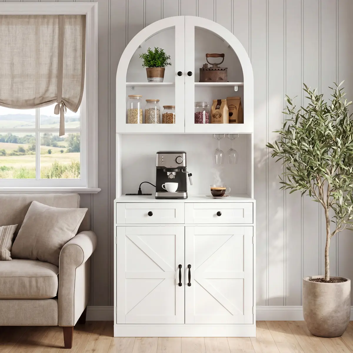 [Bellemave] 75" Farmhouse Tall Arched Pantry Cabinet with Charging Station, Adjustable Shelves, Coffee Bar with Open Countertop for Kitchen, Dining Room, Living Room