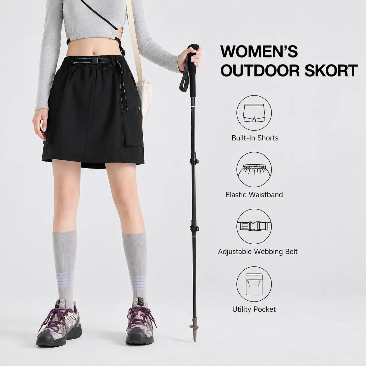 Female Hiking Skort with Built-In Shorts, Elastic Waistband, Adjustable Belt, Dual Cargo Pockets, Reflective Back Detail, Stretch-Enhanced A-Line Cut, Above Knee Outdoor Utility Skort for Camping, Active Everyday Wear, All Seasons, Female Wear, Outdoor Tr