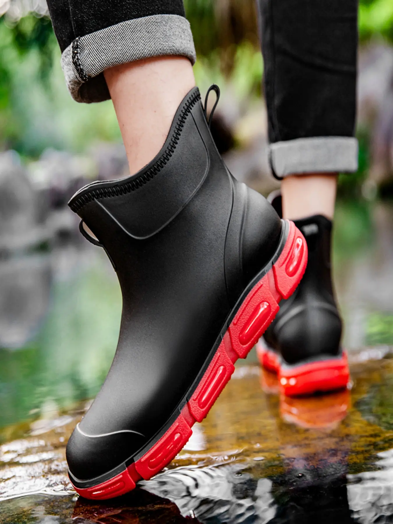 Men Short Ankle Rain Boots Waterproof Non Slip Rubber Work Boots Lightweight Fashion Water Shoes Outdoor Fishing Car Wash Kitchen Rain Shoes