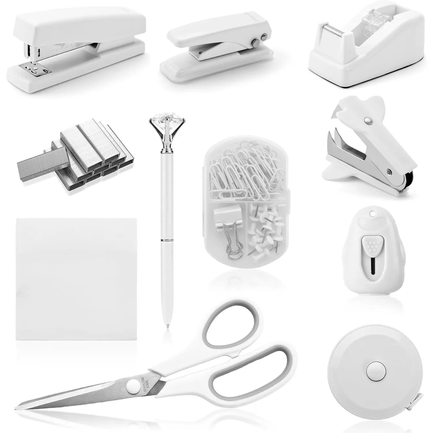 White Desk Accessory Kit Cute Office Supplies Set Desktop Stapler Set Includes Staple Remover Hole Punch Tape Dispenser Ballpoint Pen Scissor Mini Box  Tape Measure Paper Clips Sticky Notes
