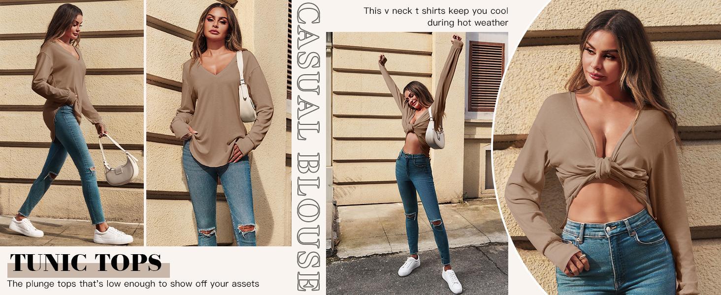 Imily Bela Womens Deep V Neck Tunic Tops Long Sleeve Oversized Casual Loose Fit Curved Hem T Shirts Imily Bela Womens Deep V Neck Tunic Tops Long Sleeve Oversized Casual Loose Fit Curved Hem T Shirts