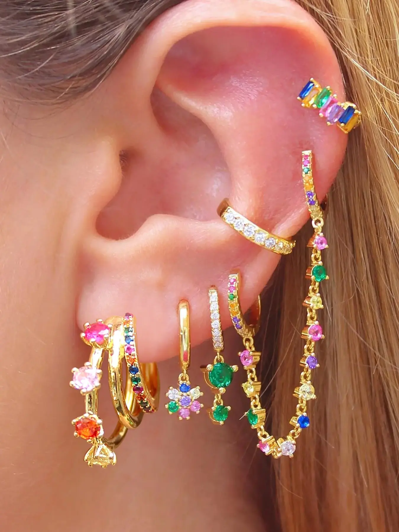 6Pcs Gold Plated Earring Stack Set Earrings Stack Dainty Rainbow Cubic Zirconia Stud Ear Cuff Hoop Chain Drop Earrings Set Wedding Jewelry