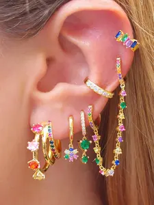 6Pcs Gold Plated Earring Satck Set Dainty Rainbow Cubic Zirconia Stud Ear Cuff Hoop Chain Drop Earrings Set Wedding Jewelry ﻿