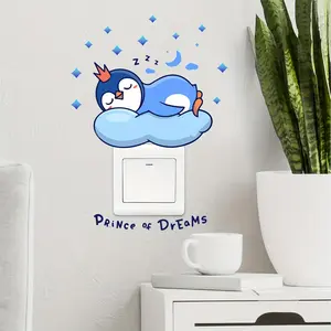 1pc Sleeping Penguin Sticker Switch Decoration, Dark Blue Light Emitting Switch Sticker, Instant Peel And Stick PVC Sticker, Suitable for Room Decoration, Home Switch Border Decoration, Luminous Sticker Decoration