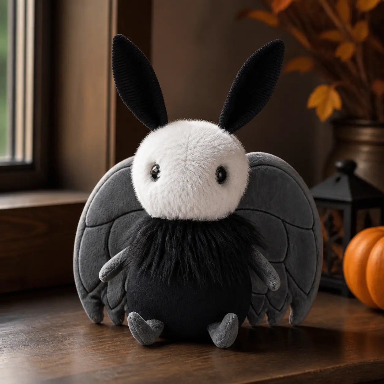 Dark Aesthetic Gothic Theme Mothman Bunny Plush Toy - Unisex Soft Fabric Stuffed Animal with Big Grey Bat Wings, Fluffy Texture Black White Doll for Halloween Home Decor & Holiday Gift