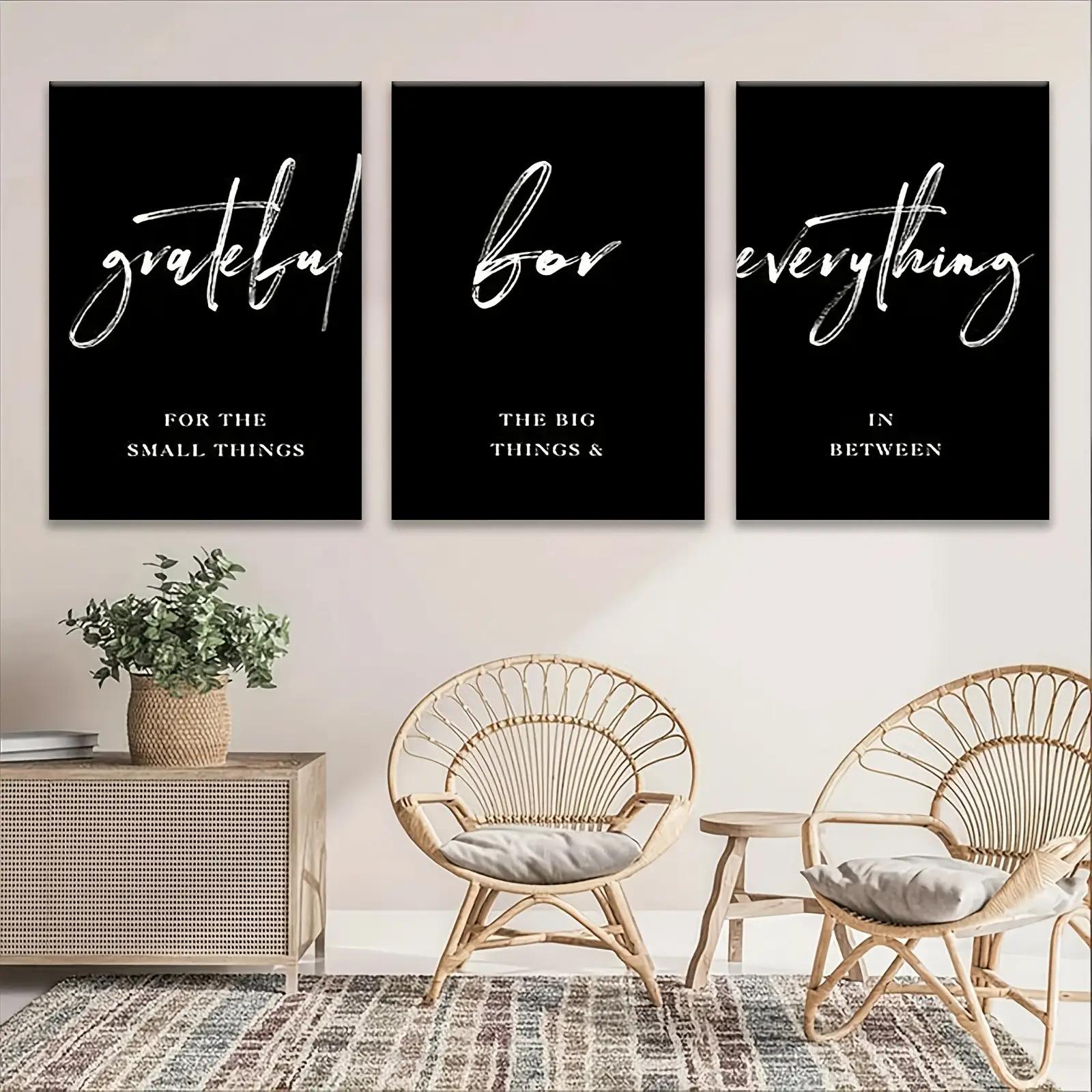 2D flat-Minimalist Canvas Art Set 3pcs Minimalist Inspirational Quote Canvas Art Set Frameless Poster  Painting, Modern Letter Print, Grateful Love Everything Wall Canvass - Suitable for Valentine's Day