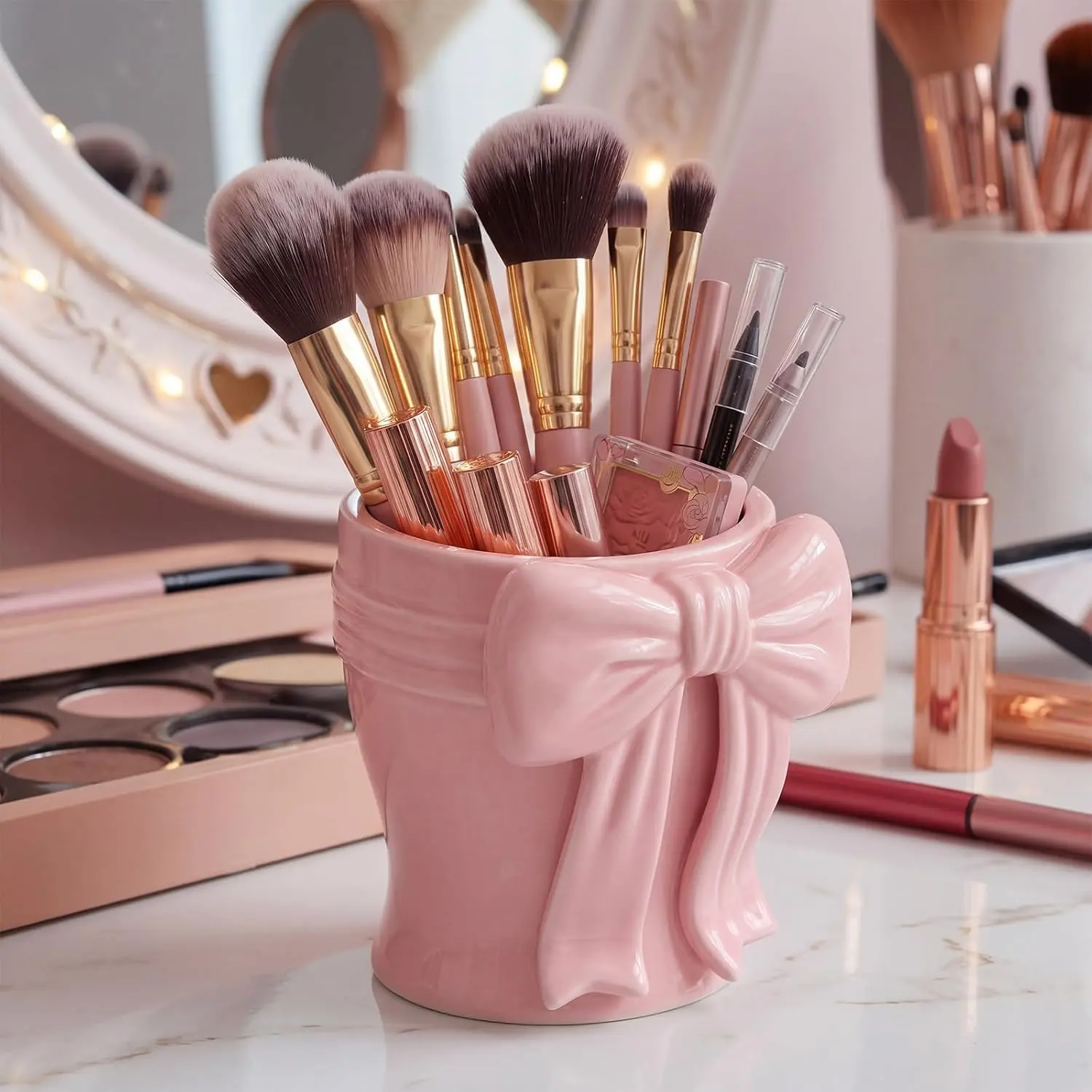 Charming Bow Ceramic Multi-Purpose Makeup Brush Holder - Sturdy Base Solid Tone Desktop Organizer for Women, Suitable for Bathroom, Desk Shelf, Kitchen