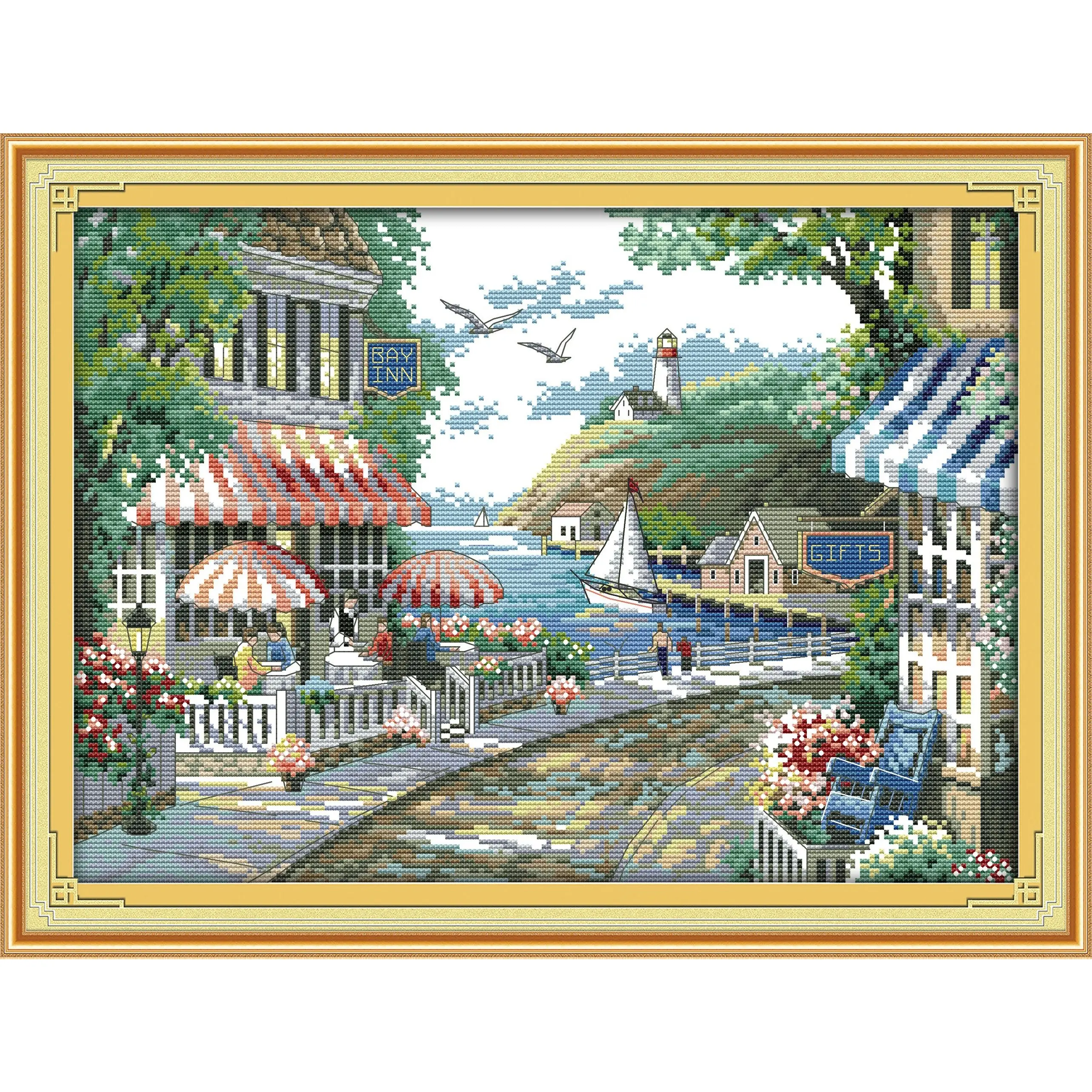 Pre-Printed Beach Cafe Cross Stitch Kit - Stamped Aida Fabric, DMC Threads, Synthetic Materials, Funny DIY Needlework Craft for Adults, Easy-to-Follow Manual, 17.32*12.99 in & 22.05*16.54 in Sizes, Leisure Gift Deal