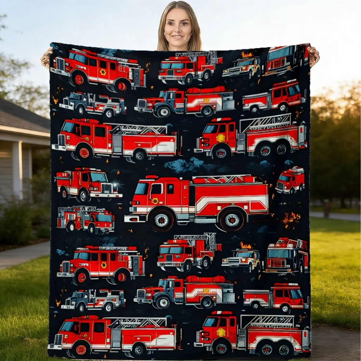 Red Fire Truck All Over Print Flannel Blanket Kids Firefighter Vehicle Ladder Engine Throw Blanket Toddler Boy Fireman Aesthetic Couch Nap Blanket Giftable Firefighter Family Home Decor Blanket