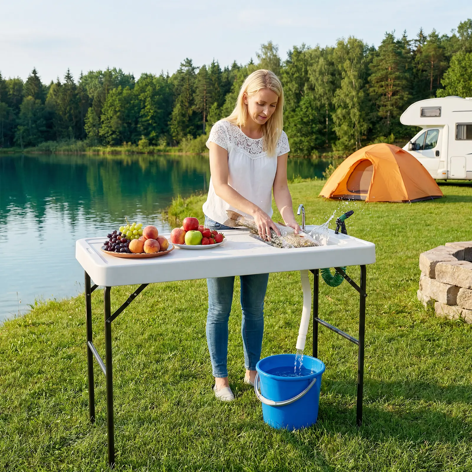 Outdoor Fillet Prep Station with Sink and Faucet Portable Folding HDPE Fish Cleaning Table for Camping Fishing and Backyard