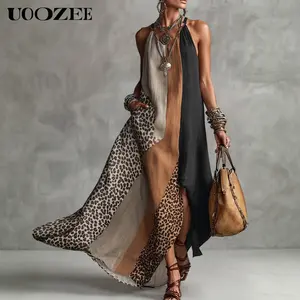 UOOZEE Women Halter Sleeveless Leopard Patchwork Maxi Dress, Asymmetric Color Block Contrast Split Joint Loose Flowy Long Gown with Side Pockets, Casual Going Out Vacation Spring Summer Autumn Ladies Boho Animal Print Resort Sundress