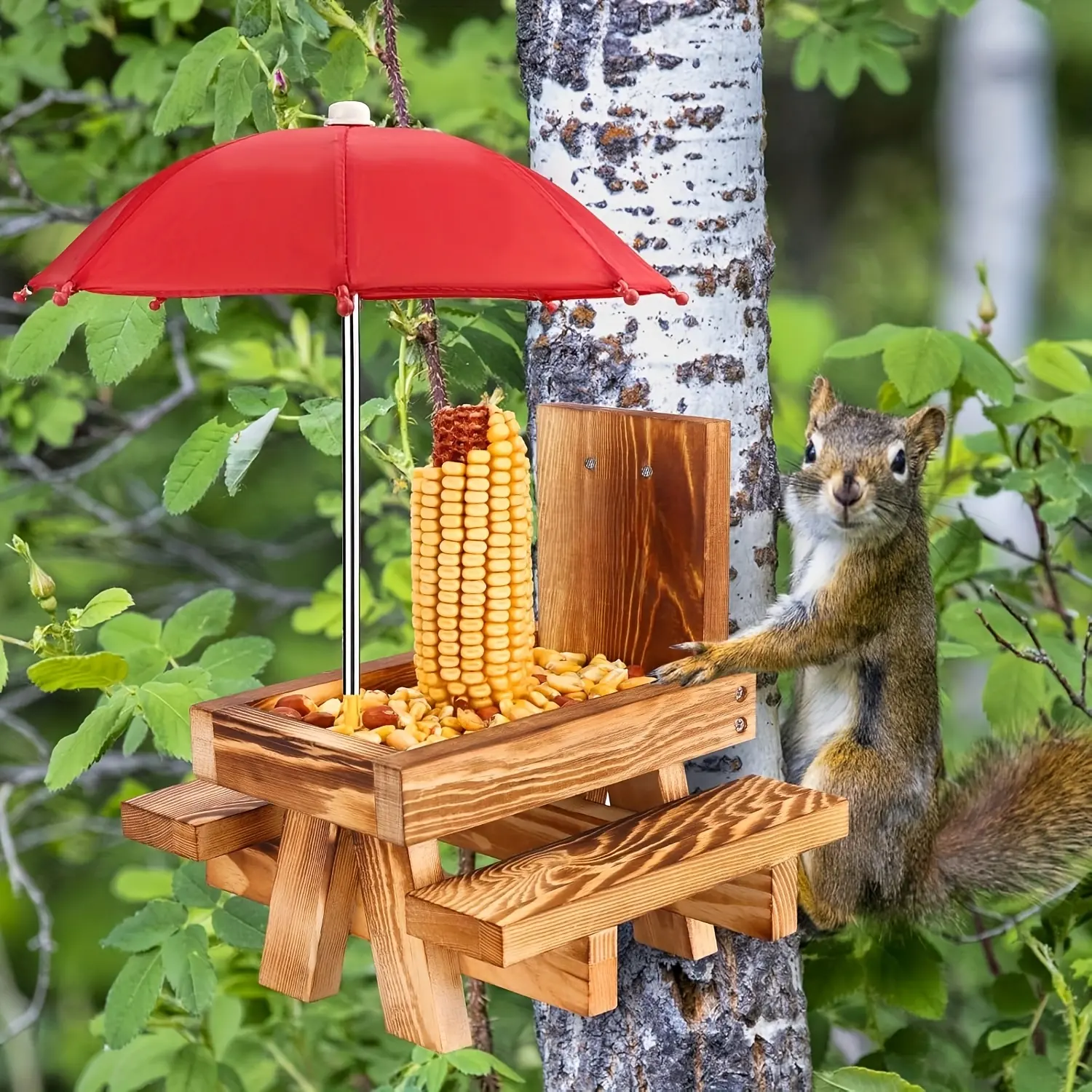 Wooden Battery-Free Squirrel Feeder with Umbrella Top, Pine Wood Feeding Table - Pet Summer Small Animal Feeding Supplies