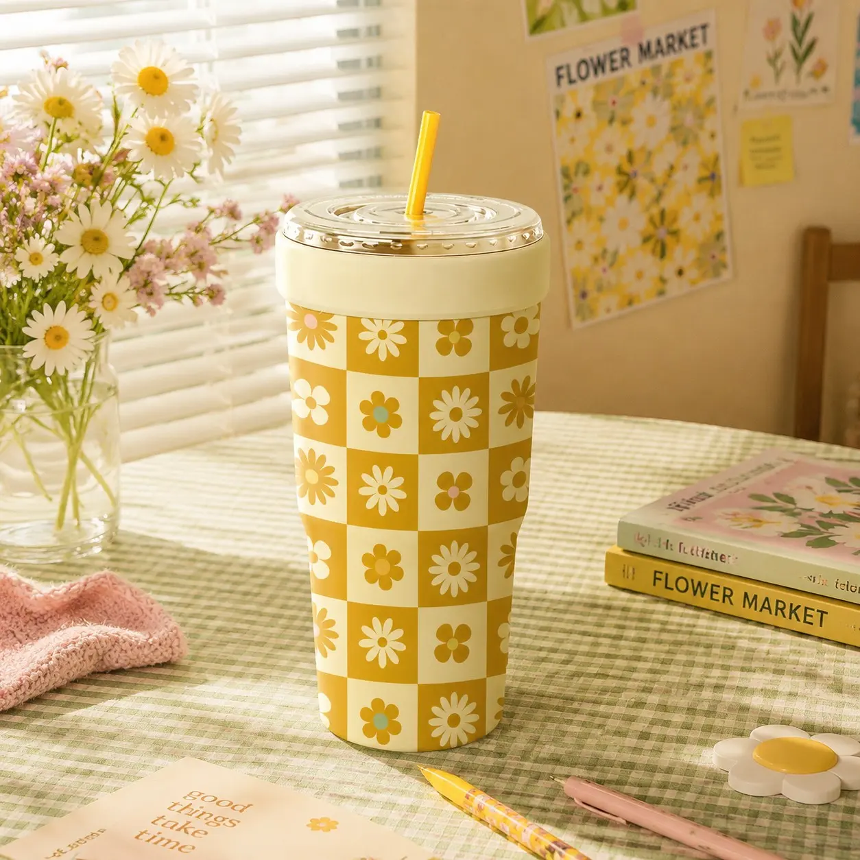 1PC 2-IN-1 Daisy Flower Tumbler, Cute Floral Print Insulated Cup, Vintage Aesthetic Stainless Steel Travel Mug, Double Wall Vacuum Coffee Cup, Leakproof Cold Drink Cup for Women, Office, School, Summer, Birthday Gift