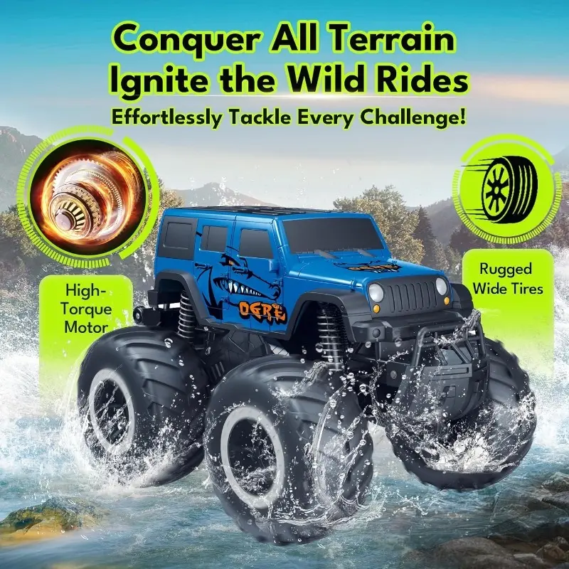 1:16 Remote Control Amphibious Car, Waterproof All-Terrain Vehicle, 360° Stunt Spin, Large Wheels, Shock Absorbing, Indoor Outdoor Play