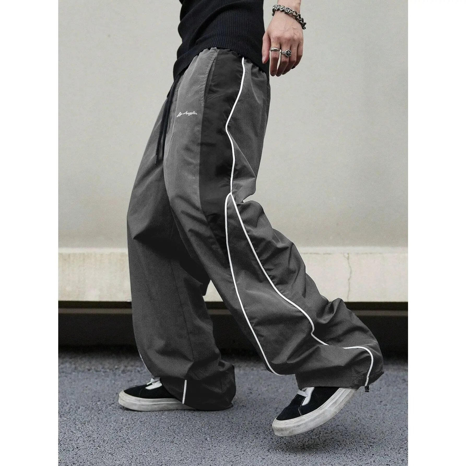 Men's Black Colorblock Casual Joggers - Streetwear Clothing Sweats, Embroidered Straight Leg with White Side Stripes, Drawstring Waist Polyester Men's Wear for Casual Gym, Gifts for Him,father'sdaygifts