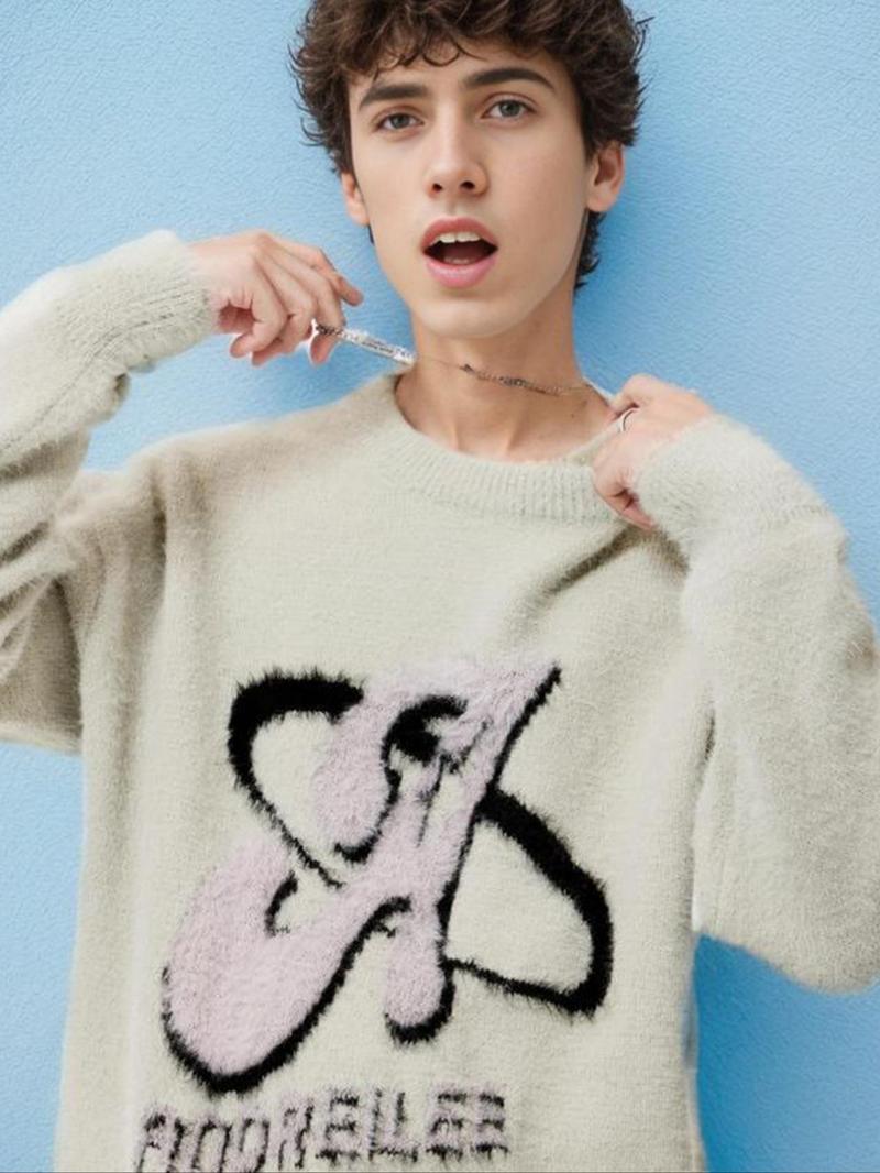 Casual Loose-Fitting Men's Gender-Neutral Sweater with Letter Pattern, Stylish Round Neck Long Sleeve Knit Loose Casual Pullover for Fall & Winter