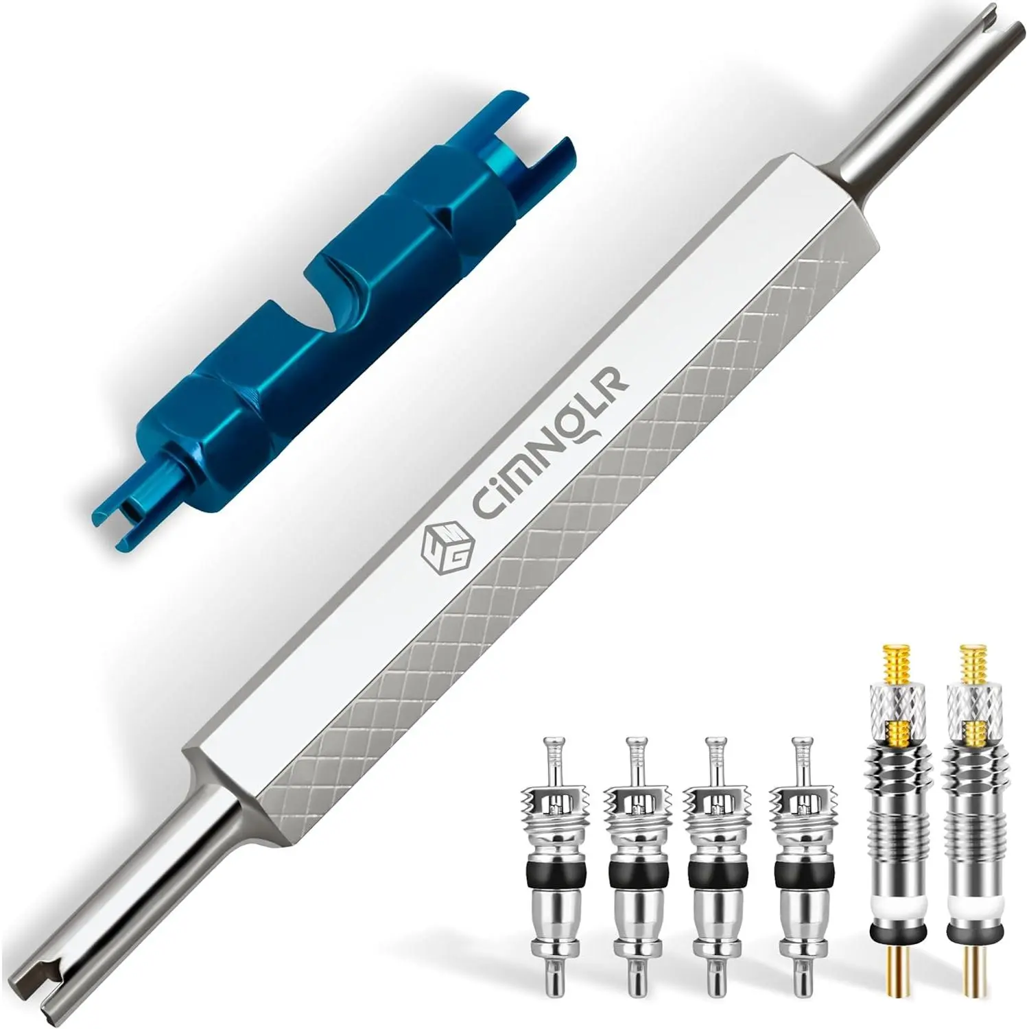 Tire Valve Stem Removal Tool Kit, Includ Presta Valve Core Removal Tool, Stainless Dual Head Schrader Valve Removal Tool, 6Pcs Valve Core for Car Motorcycle Truck Bike, ect.Standard Valve Cores