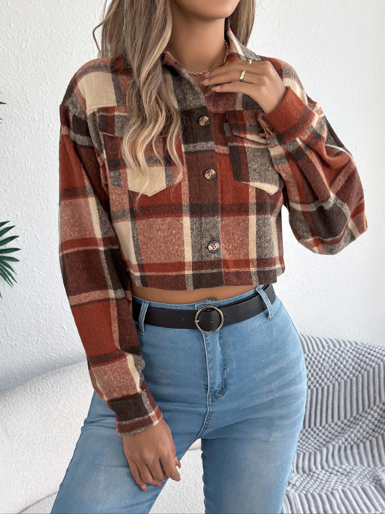 Women's Plaid Print Button Front Drop Shoulder Crop Jacket Coats, Casual Style Long Sleeve Pocket Collared Outerwear for Fall & Winter, Ladies Clothes for Daily Wear