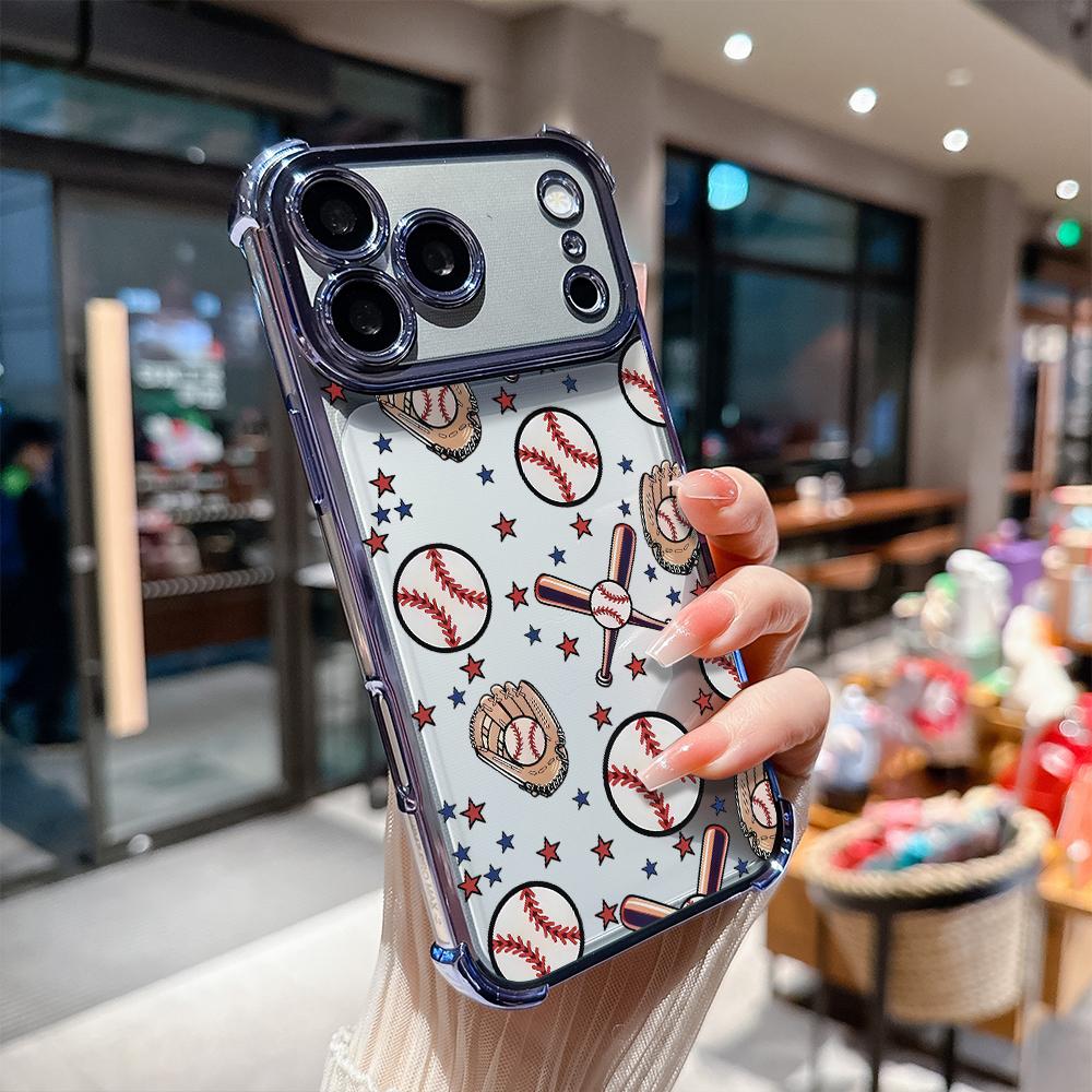 Phone Case for iPhone 17 Pro Max Air 16 15 14 13 12 11 Plus Baseball.Baseball gloves Pattern Four Corner Anti-Fall Phone Case Transparent Electroplated Protective Cover