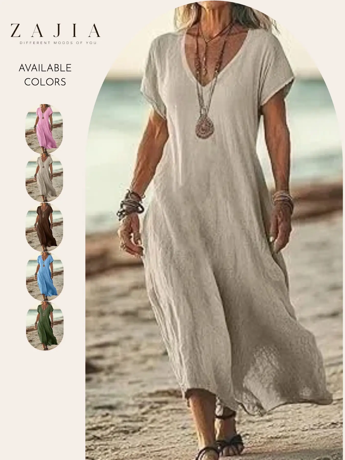 Women's V Neck Maxi Dress, Casual Loose Fit, Short Sleeve Flowy Beach Sundress, Lightweight Summer Vacation Dress, Boho Resort Wear, Holiday Travel, Bohemian, Beachwear