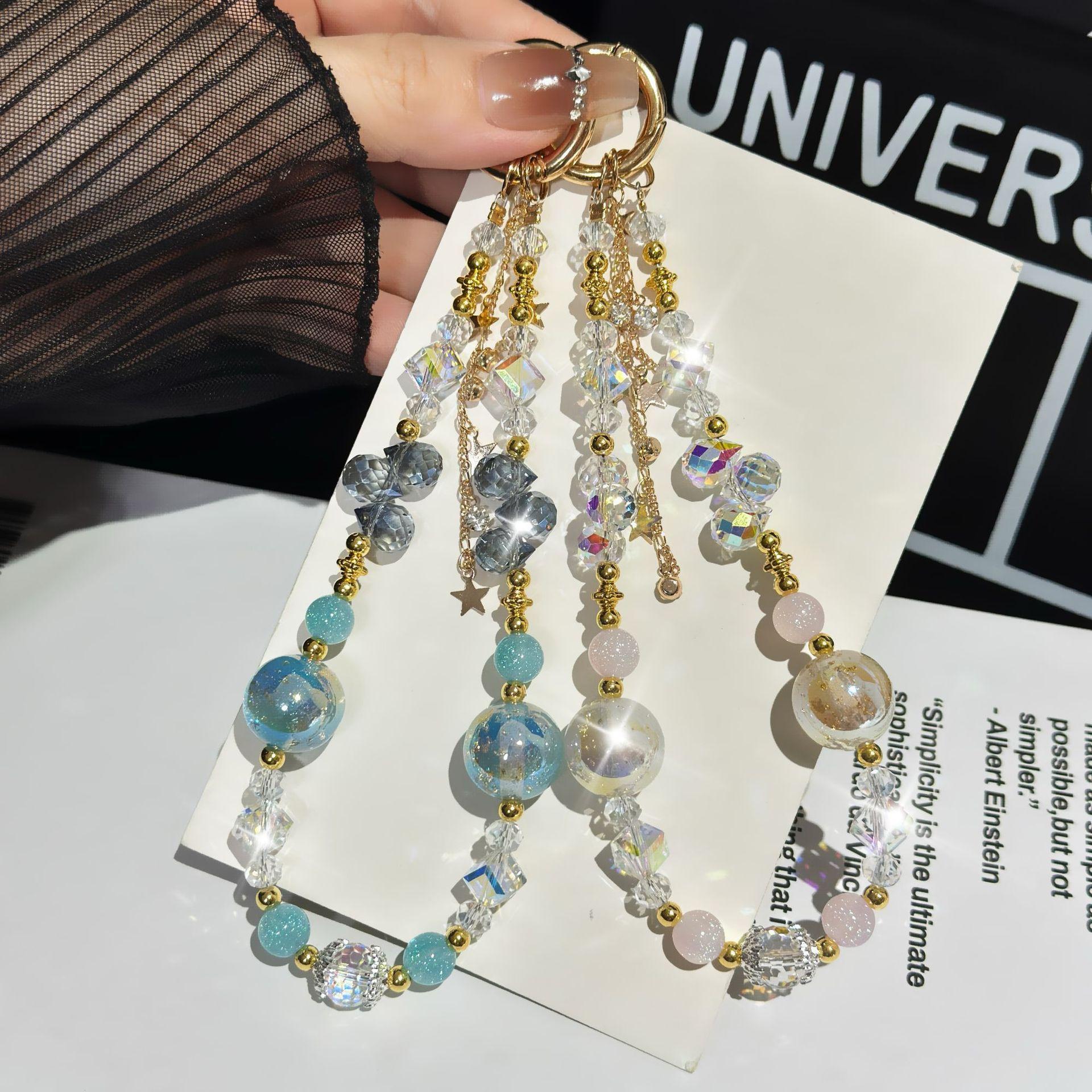 For Light Luxury Crystal Mobile Phone Chain Beaded Short Wrist Chain Fashion Butterfly Pendant Gold Leaf Hand-Made Lanyard