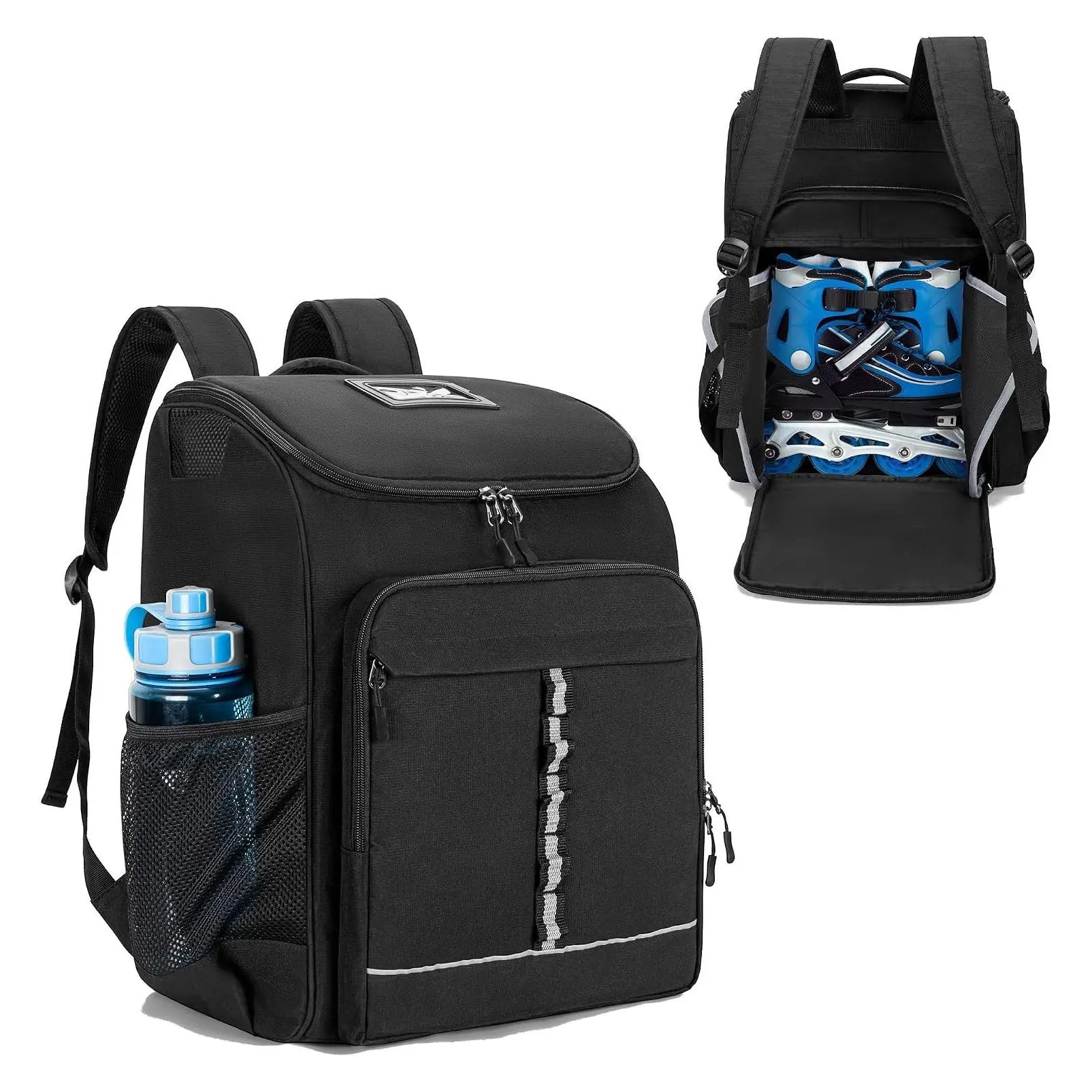 Roller Skate Backpack for Men & Women, Fits Shoes Up to US 13, Inline Ice Skate Bag with Top Helmet Pocket, Quad Hockey Gear Bag with Padded Shoulder Strap, BlackGift