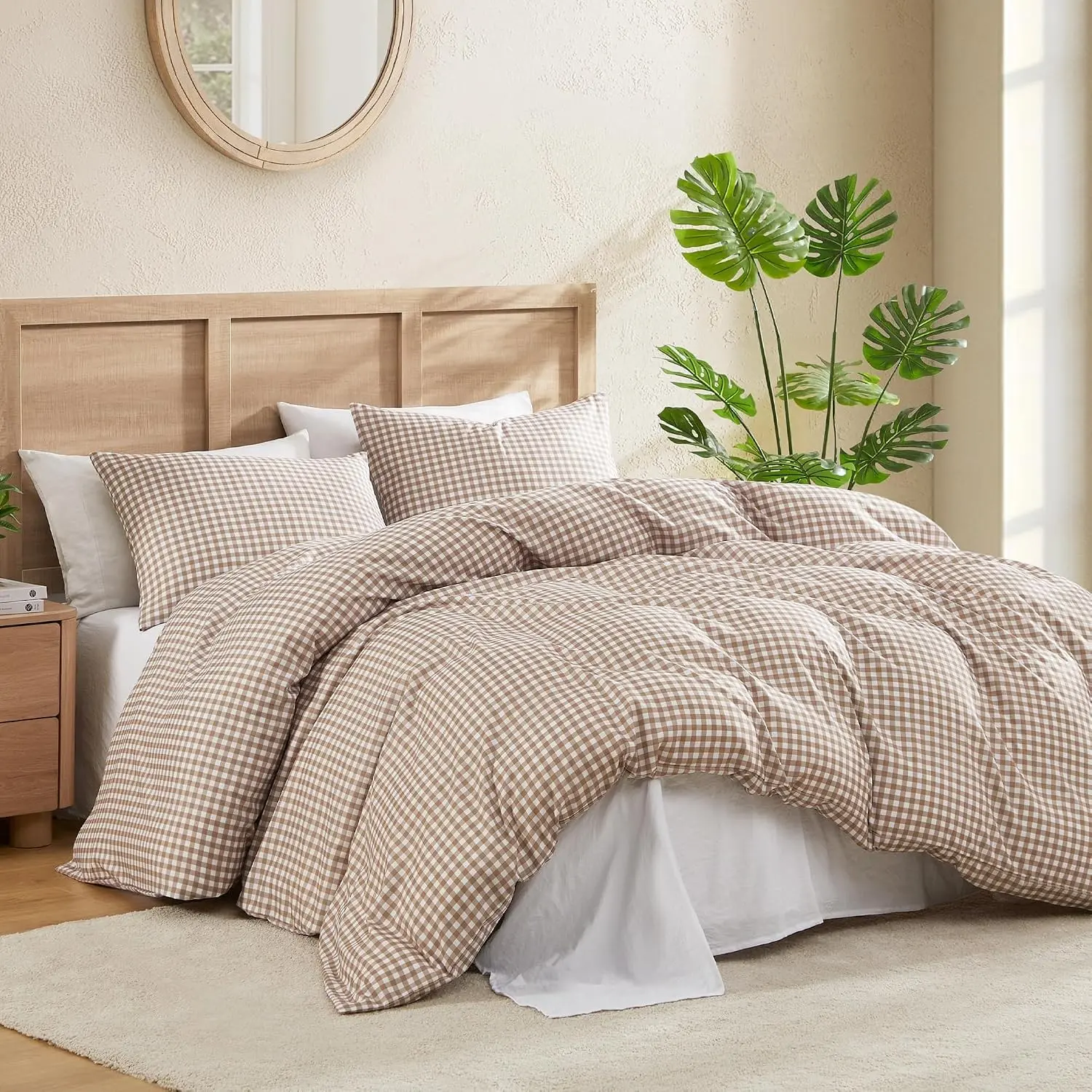 Gingham Duvet Cover King Size, Tan Brown Checkered Plaid Bedding Set, 3 Pieces Soft Prewashed Polyester Comforter Cover with Zipper Closure & Corner Ties