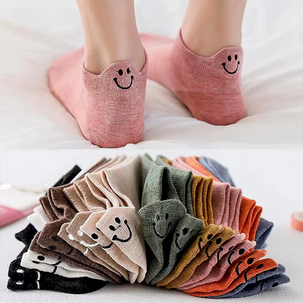 Women's 10-Pack Embroidered Cute Smile Face Invisible Socks - Lightweight Low Cut Ankle Socks with Heel Tab, Casual Multicolored, Machine Washable