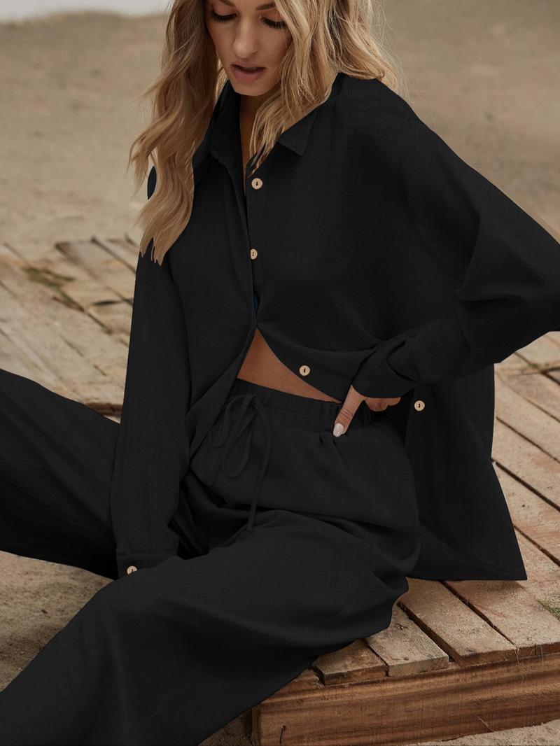 Two-piece Set Women's Solid Color Button Front Shirt & Wide Leg Pants, Casual Comfy Set for Daily Wear, Ladies Clothes for All Seasons, Casual Lounge Set