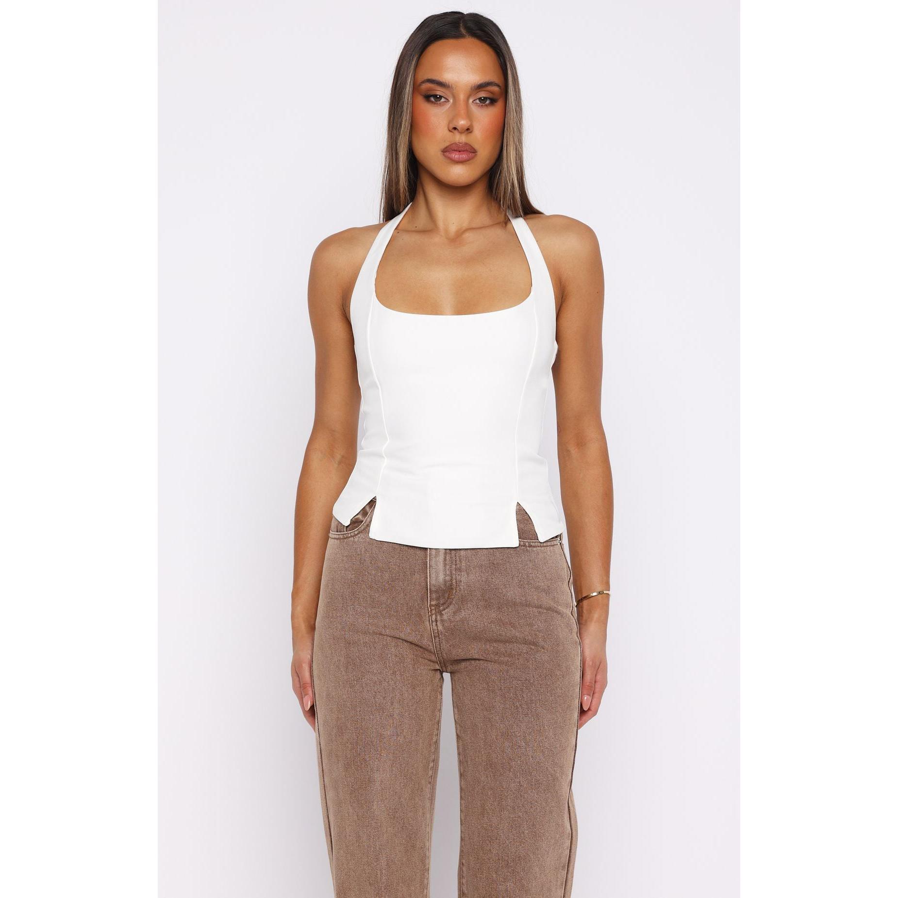 Womens Halter Tank Tops Sleeveless Square Neck Fitted Top Summer Going Out Tops with Side Slits Y2k Outfits