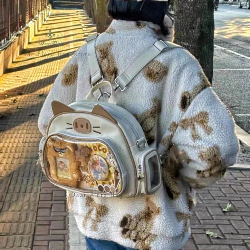 Y2K Korean Cute Cat Ita Bag Japan Kawaii PU Crossbody Bag Girls Transparent Pocket Harajuku Shoulder Bag Silver Fashion Backpack