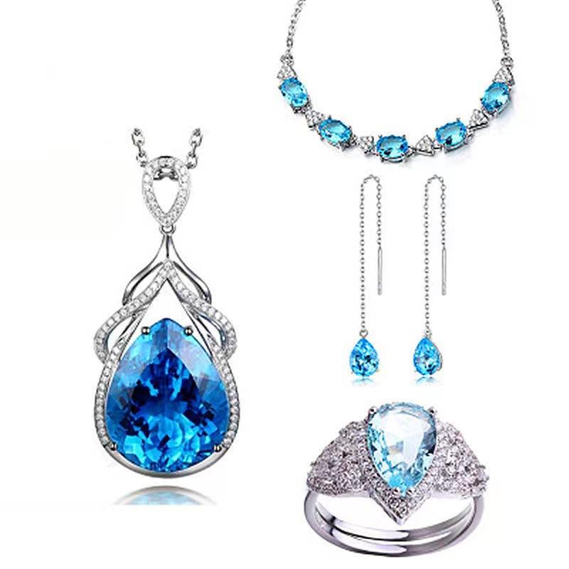 Same style imitation natural topaz set: colored gemstone ring, earrings, and pendant for women