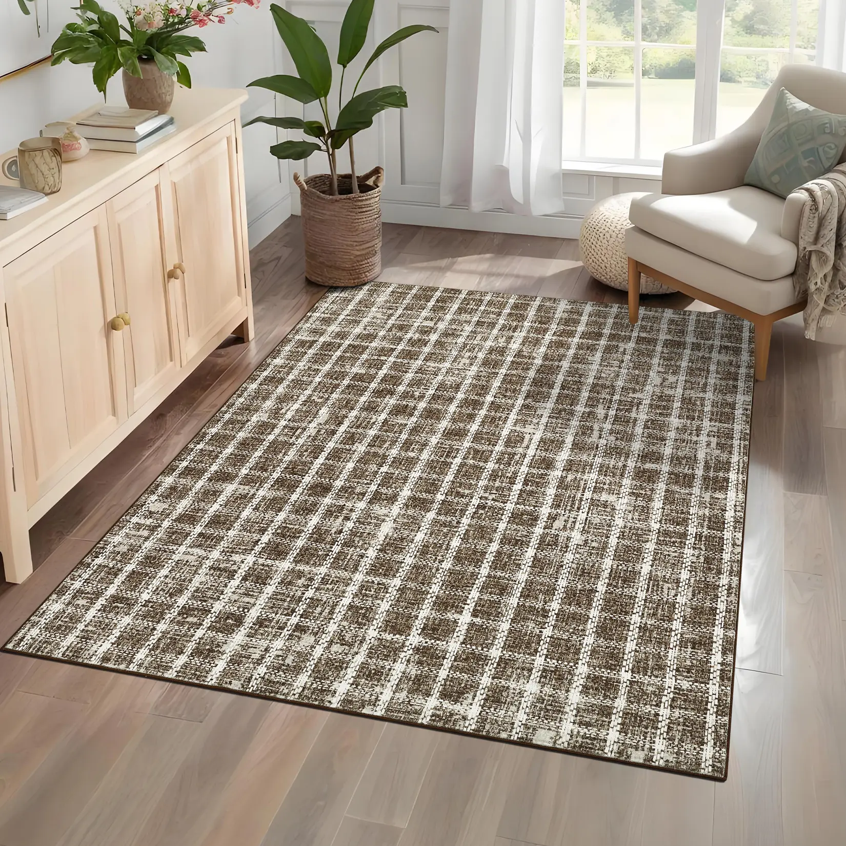 Modern Checkered Area Rug - Washable, Non-Slip, Low Pile, Ultra-Thin, Mark-Resistant Geometric Carpet for Living Room, Bedroom, Office, Dining Room, Entryway