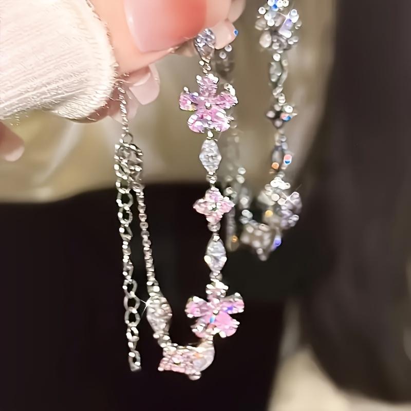 Adjustable Pink Cherry Blossom Bracelet - Elegant Bohemian style petal design, inlaid with sparkling synthetic zircon, delicate chain link jewelry, suitable for daily wear and gift giving, women's jewelry, exquisite craftsmanship