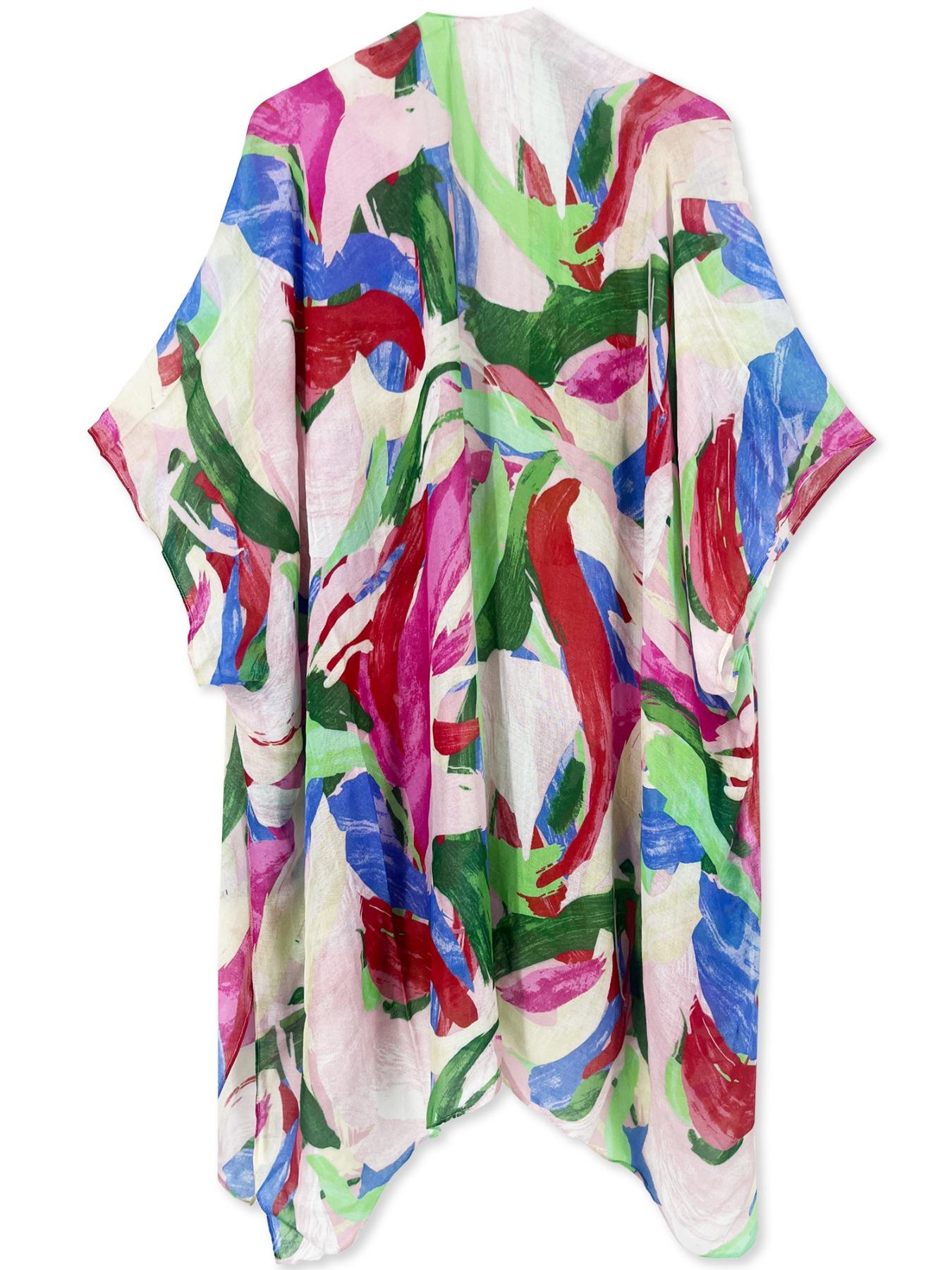 Women's All Over Print Batwing Sleeve Kimono, Casual Open Front Kimono, Ladies Summer Swimwear for Beach Vacation Holiday, Bold Colors and Designs, Womenswear